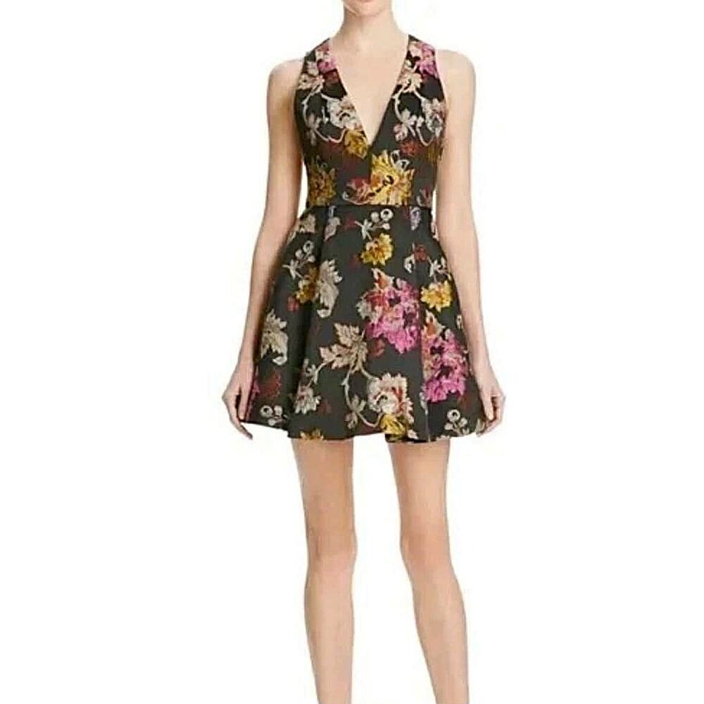 Alice + Olivia Party Dress Mollie Box Pleat Black Floral Colorful Brocade Size 2